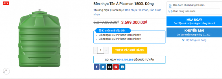 Bồn nhựa Tân Á Plasman 1500l đứng