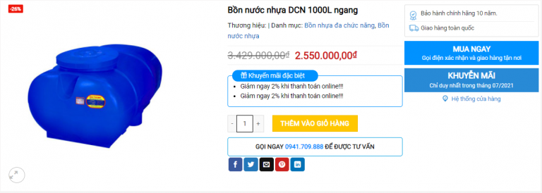 Bồn nước nhựa DCN 1000L ngang