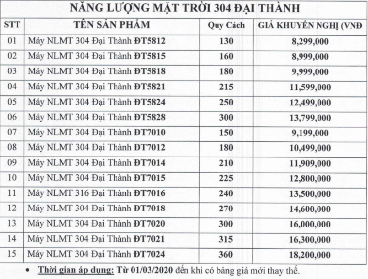 Giá máy nước nóng năng lượng mặt trời Đại Thành tham khảo