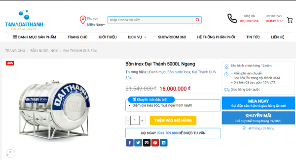 Bồn inox Đại Thành 5000L Ngang