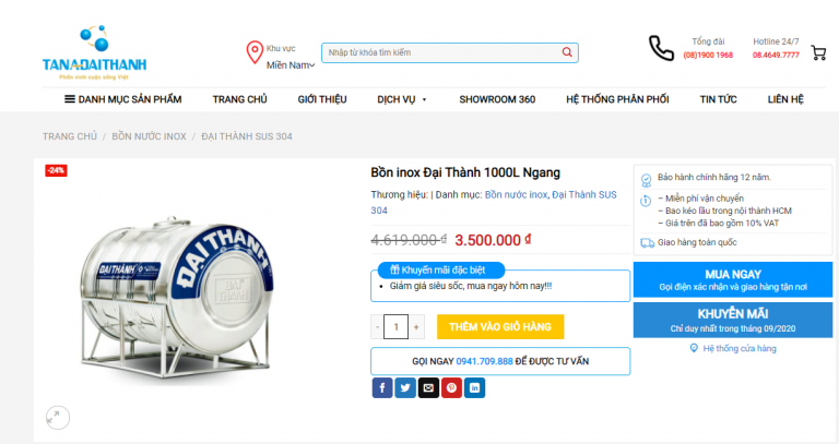 Giá bồn inox Đại Thành 1000l ngang