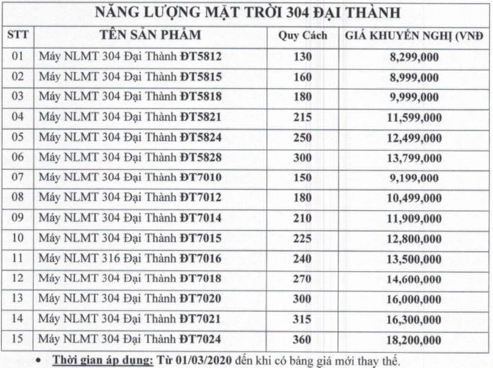 Bảng giá tham khảo máy nước nóng năng lượng mặt trời Đại Thành tại quận Hóc Môn