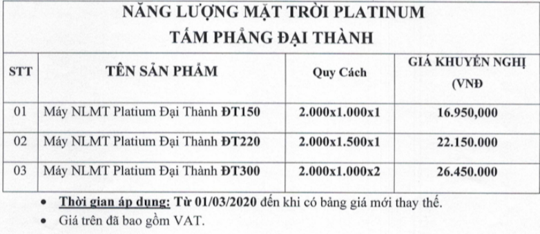 Bảng giá tham khảo của máy nước nóng năng lượng mặt trời Đại Thành dòng Platinum