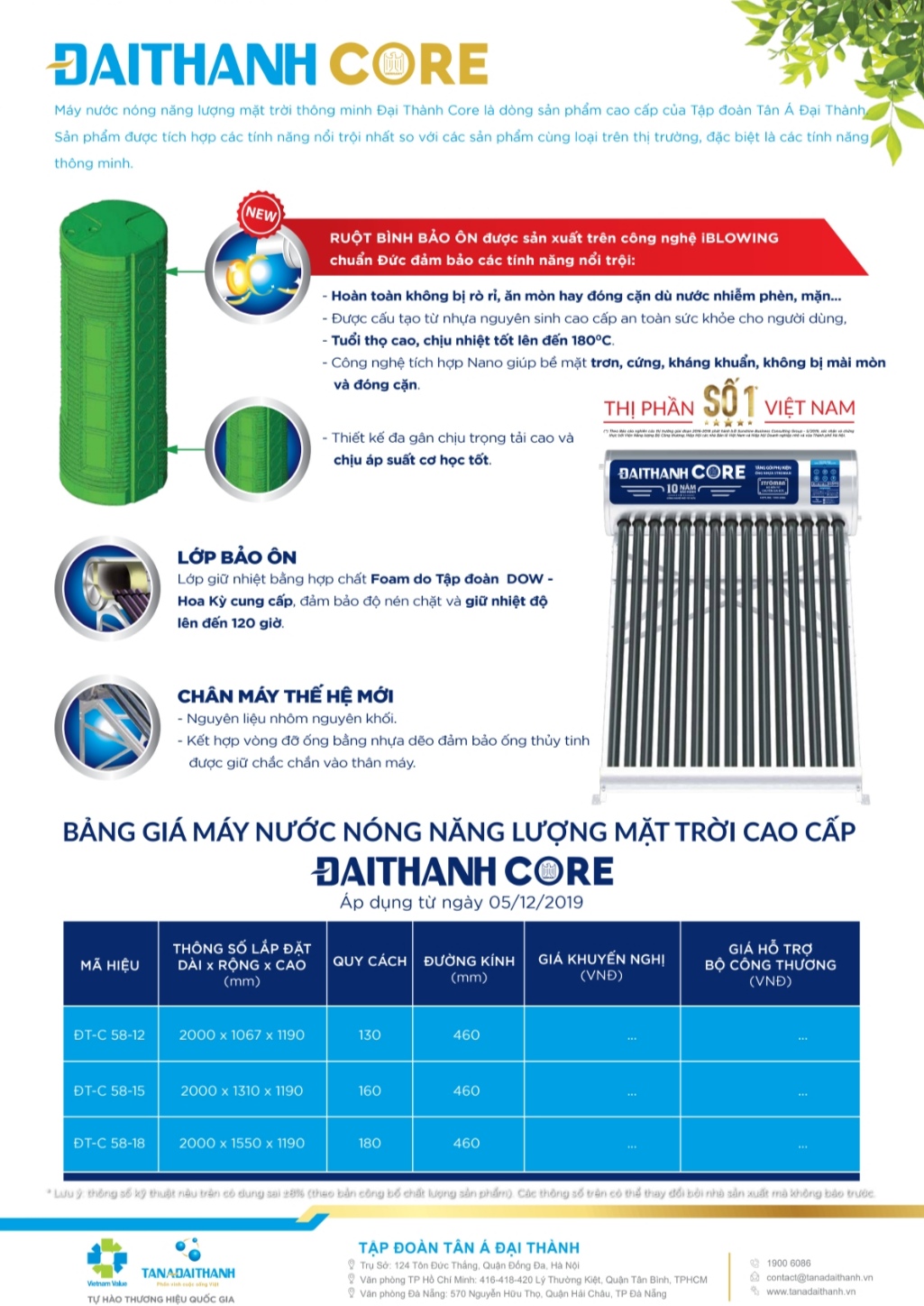 Máy năng lượng mặt trời Đại Thành Core ruột nhựa PPR